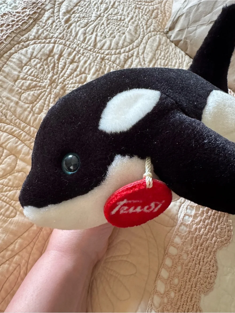 Trudi Orca Whale Plush Toy in Black and White with Red Tag